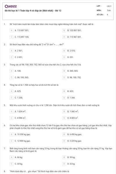 Đề thi học kì 1 Toán lớp 4 có đáp án  (Mới nhất) - Đề 12