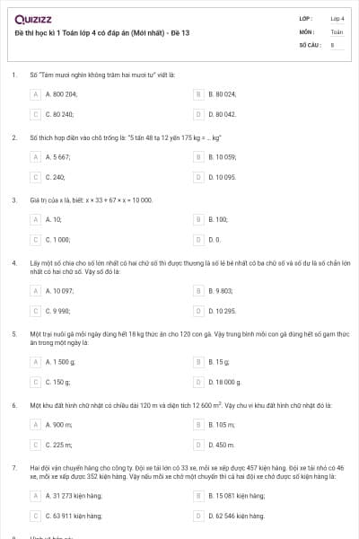 Đề thi học kì 1 Toán lớp 4 có đáp án  (Mới nhất) - Đề 13