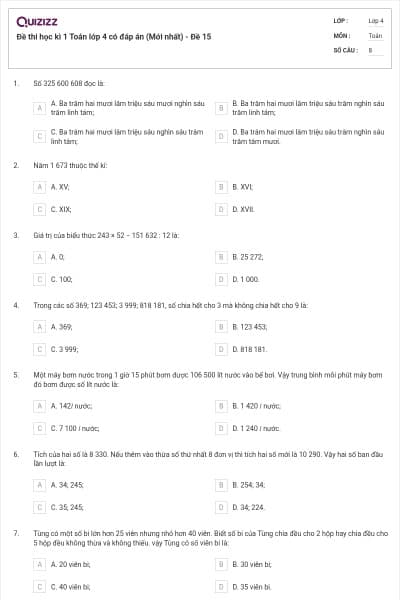 Đề thi học kì 1 Toán lớp 4 có đáp án  (Mới nhất) - Đề 15