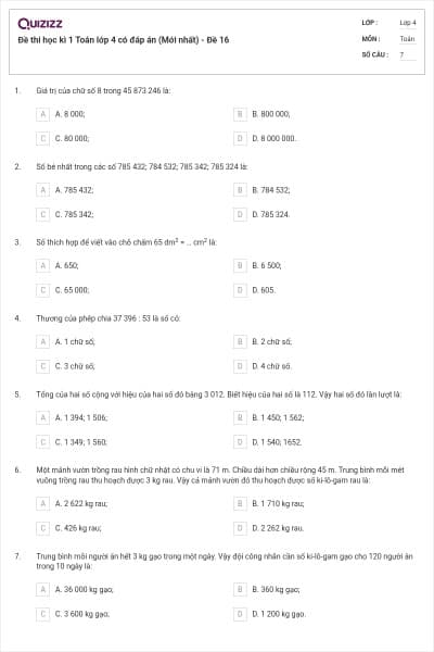Đề thi học kì 1 Toán lớp 4 có đáp án  (Mới nhất) - Đề 16