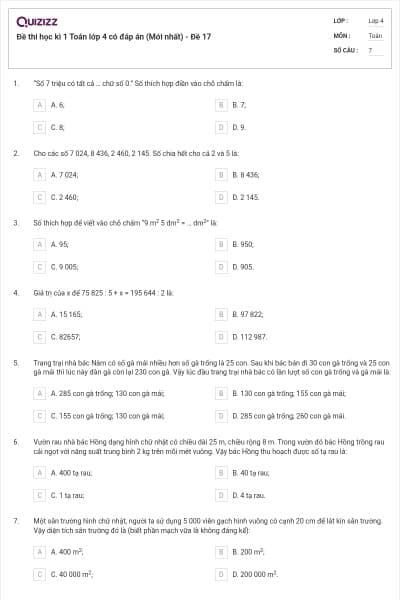 Đề thi học kì 1 Toán lớp 4 có đáp án  (Mới nhất) - Đề 17
