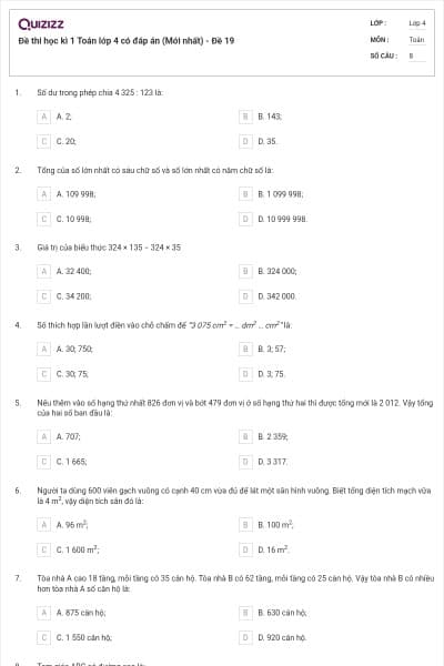 Đề thi học kì 1 Toán lớp 4 có đáp án  (Mới nhất) - Đề 19