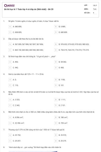 Đề thi học kì 1 Toán lớp 4 có đáp án  (Mới nhất) - Đề 20