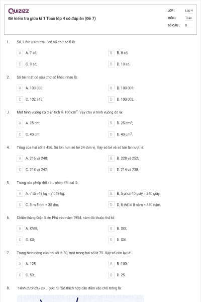 Đề kiểm tra giữa kì 1 Toán lớp 4 có đáp án (Đề 7)