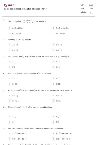 Đề thi Học kì 2 Toán 9 chọn lọc, có đáp án (Đề 13)