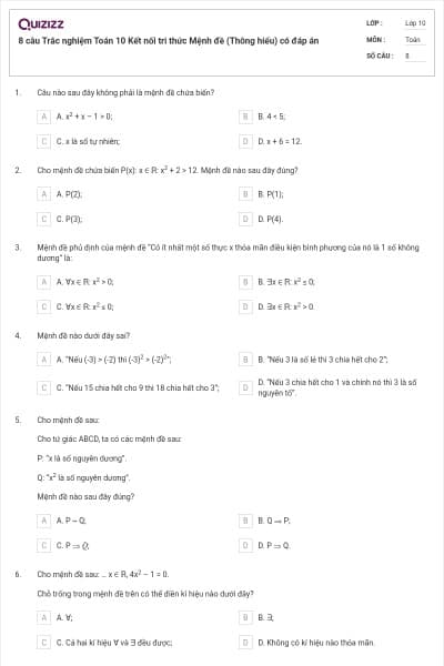 8 câu Trắc nghiệm Toán 10 Kết nối tri thức Mệnh đề (Thông hiểu) có đáp án