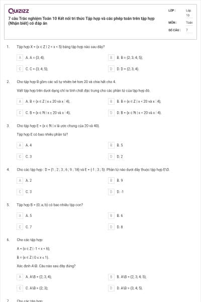 7 câu Trắc nghiệm Toán 10 Kết nối tri thức Tập hợp và các phép toán trên tập hợp (Nhận biết) có đáp án