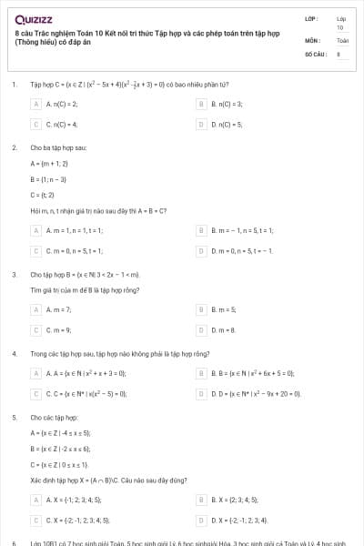 8 câu Trắc nghiệm Toán 10 Kết nối tri thức Tập hợp và các phép toán trên tập hợp (Thông hiểu) có đáp án