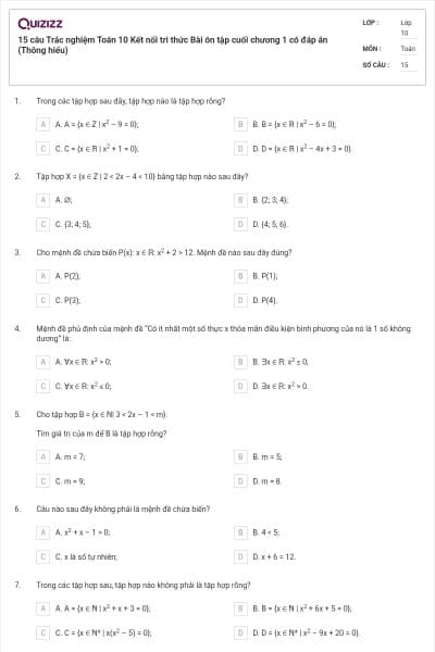 15 câu Trắc nghiệm Toán 10 Kết nối tri thức Bài ôn tập cuối chương 1 có đáp án (Thông hiểu)