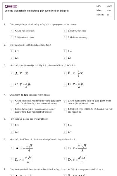 250 câu trắc nghiệm Hình không gian cực hay có lời giải (P4)