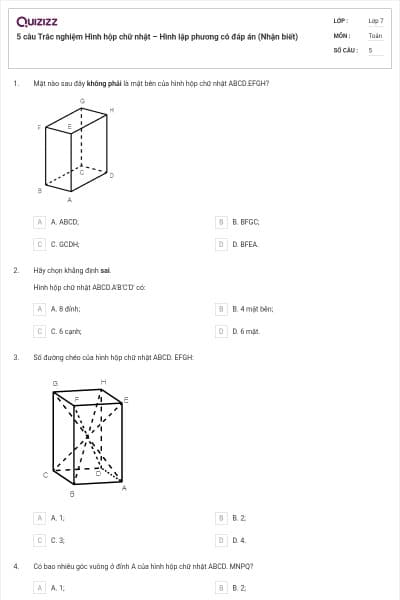 5 câu Trắc nghiệm Hình hộp chữ nhật – Hình lập phương có đáp án (Nhận biết)