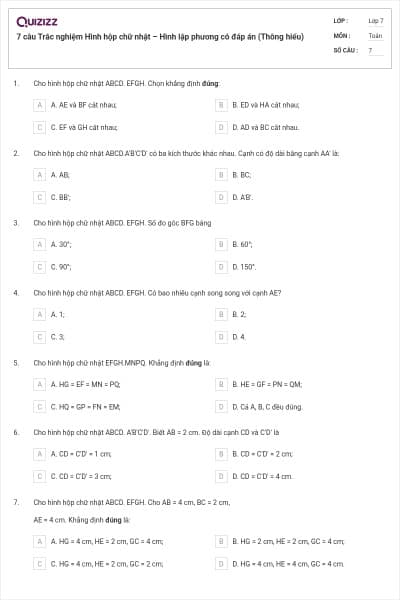 7 câu Trắc nghiệm Hình hộp chữ nhật – Hình lập phương có đáp án (Thông hiểu)