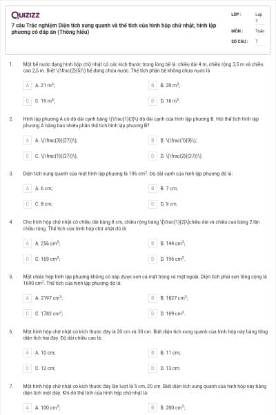 7 câu Trắc nghiệm Diện tích xung quanh và thể tích của hình hộp chữ nhật, hình lập phương có đáp án (Thông hiểu)