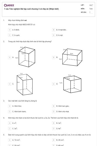 7 câu Trắc nghiệm Bài tập cuối chương 3 có đáp án (Nhận biết)