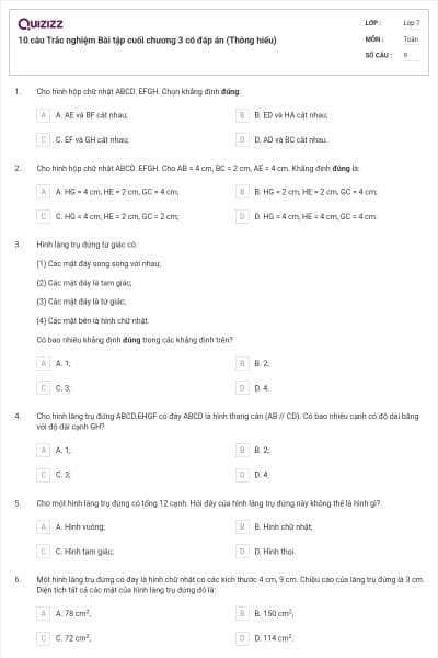 10 câu Trắc nghiệm Bài tập cuối chương 3 có đáp án (Thông hiểu)