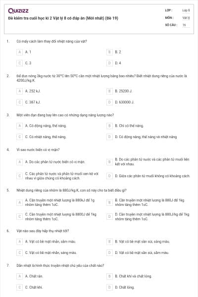 Đề kiểm tra cuối học kì 2 Vật lý 8 có đáp án (Mới nhất) (Đề 19)