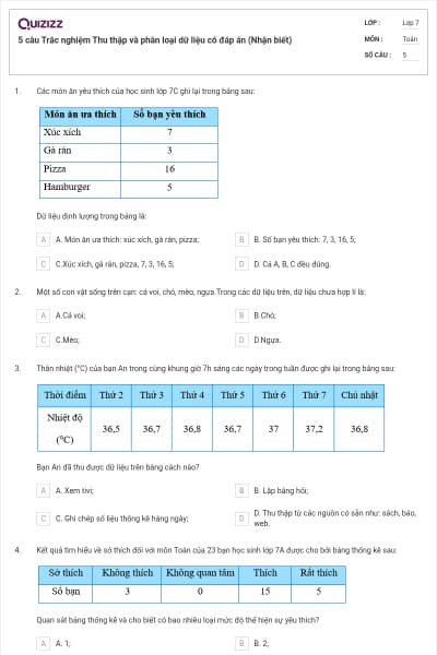 5 câu Trắc nghiệm Thu thập và phân loại dữ liệu có đáp án (Nhận biết)