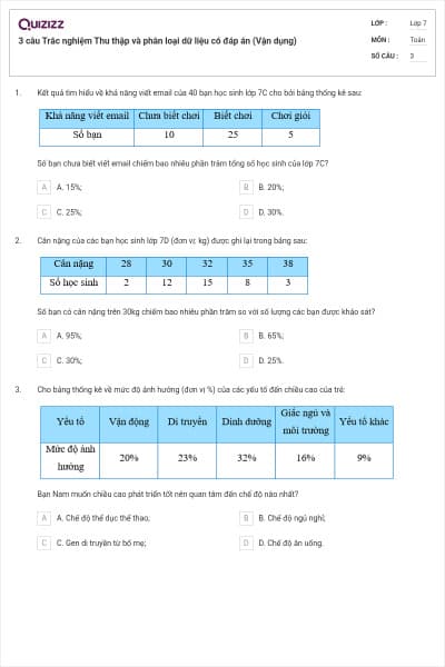 3 câu Trắc nghiệm Thu thập và phân loại dữ liệu có đáp án (Vận dụng)