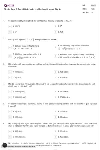 18 câu Dạng 2: Các bài toán hoán vị, chỉnh hợp tổ hợpcó đáp án