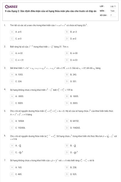 9 câu Dạng 2: Xác định điều kiện của số hạng thỏa mãn yêu cầu cho trước có đáp án