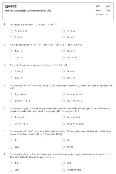 100 câu trắc nghiệm Đạo hàm nâng cao (P2)
