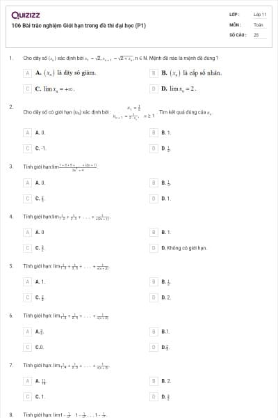106 Bài trắc nghiệm Giới hạn trong đề thi đại học (P1)