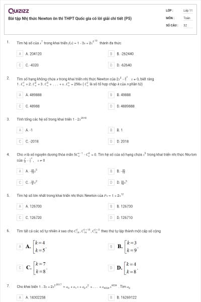 Bài tập Nhị thức Newton ôn thi THPT Quốc gia có lời giải chi tiết (P5)