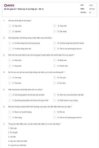 Đề thi giữa kì 1 Sinh học 6 (có đáp án - Đề 1)