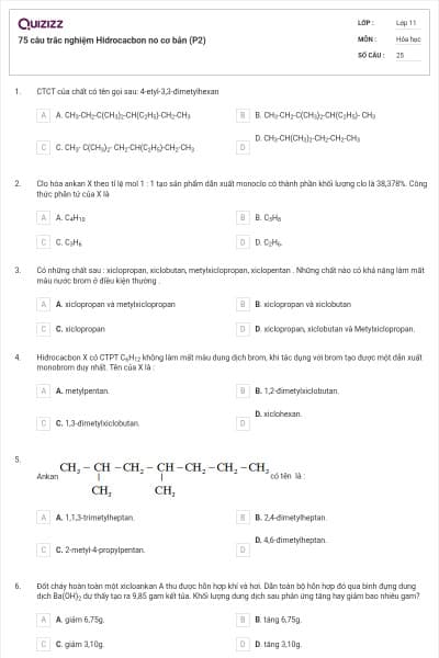 75 câu trắc nghiệm Hidrocacbon no cơ bản (P2)