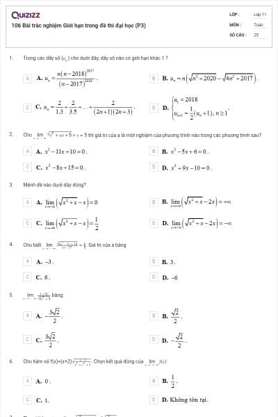 106 Bài trắc nghiệm Giới hạn trong đề thi đại học (P3)