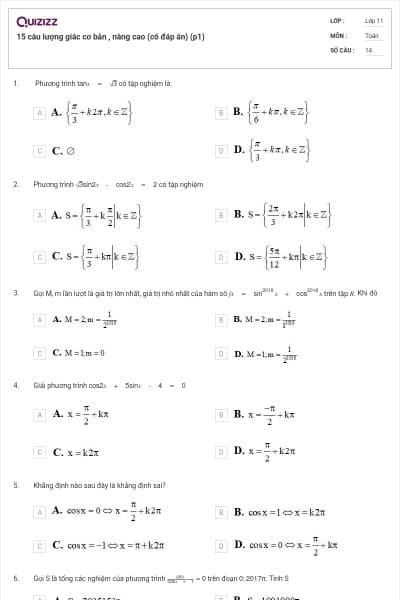 15 câu lượng giác cơ bản , nâng cao (có đáp án) (p1)