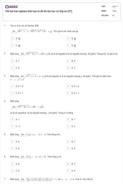 160 bài trắc nghiệm Giới hạn từ đề thi đại học có đáp án (P2)