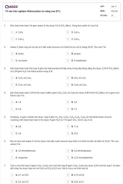 75 câu trắc nghiệm Hidrocacbon no nâng cao (P1)