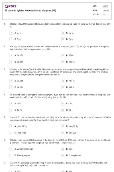 75 câu trắc nghiệm Hidrocacbon no nâng cao (P3)