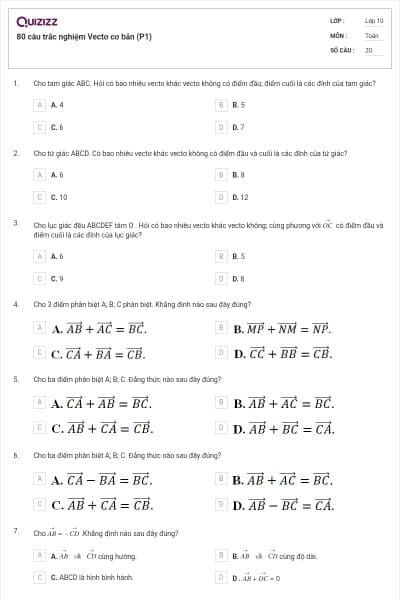 80 câu trắc nghiệm Vectơ cơ bản (P1)