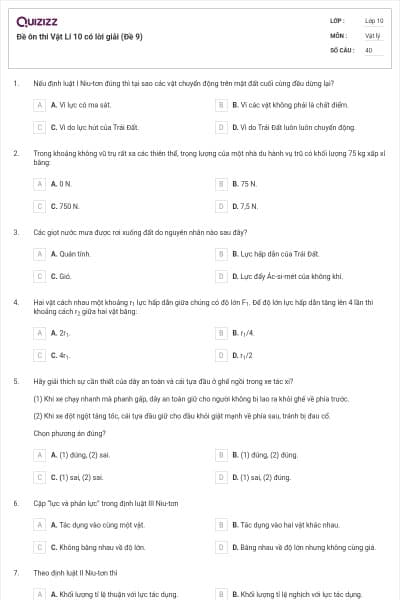 Đề ôn thi Vật Lí 10 có lời giải (Đề 9)