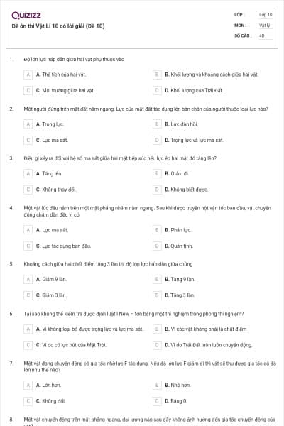 Đề ôn thi Vật Lí 10 có lời giải (Đề 10)