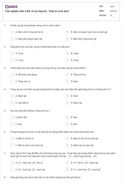 Trắc nghiệm Sinh 6 Bài 16 (có đáp án) : Thân to ra do đâu?