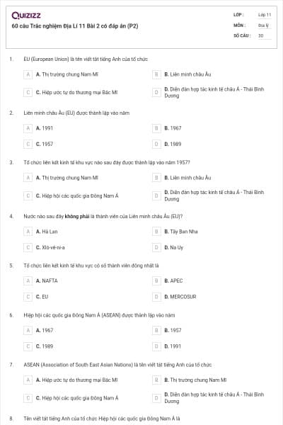 60 câu Trắc nghiệm Địa Lí 11 Bài 2 có đáp án (P2)