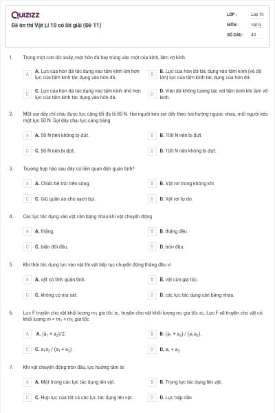 Đề ôn thi Vật Lí 10 có lời giải (Đề 11)