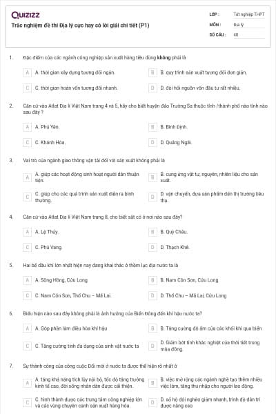 Trắc nghiệm đề thi Địa lý cực hay có lời giải chi tiết (P1)
