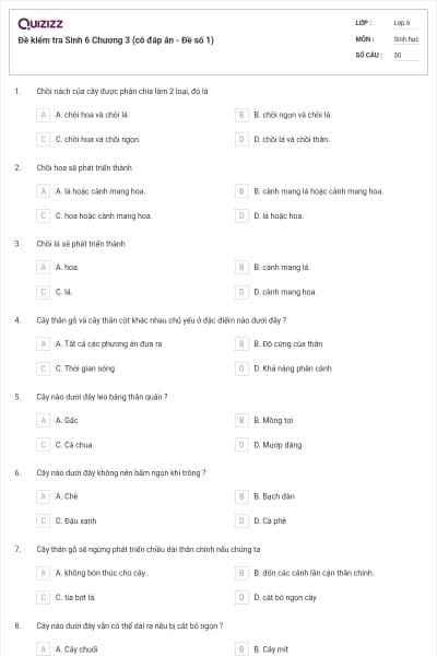 Đề kiểm tra Sinh 6 Chương 3 (có đáp án - Đề số 1)
