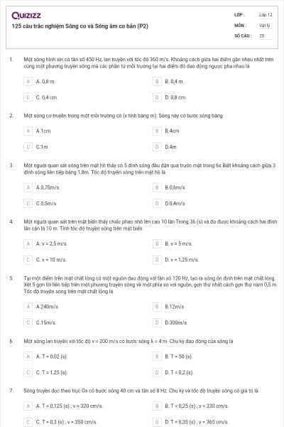125 câu trắc nghiệm Sóng cơ và Sóng âm cơ bản (P2)