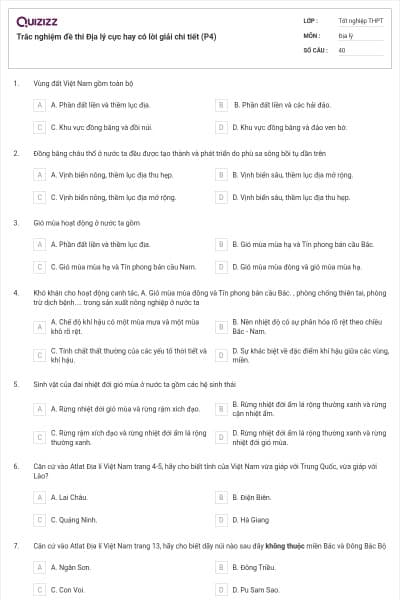 Trắc nghiệm đề thi Địa lý cực hay có lời giải chi tiết (P4)