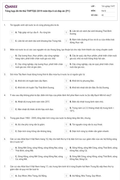 Tổng hợp đề thi thử THPTQG 2019 môn Địa lí có đáp án (P1)