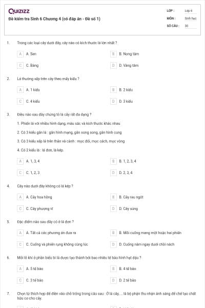 Đề kiểm tra Sinh 6 Chương 4 (có đáp án - Đề số 1)