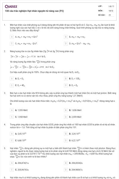 100 câu trắc nghiệm Hạt nhân nguyên tử nâng cao (P2)