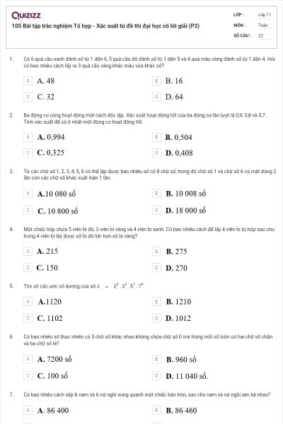 105 Bài tập trắc nghiệm Tổ hợp - Xác suất từ đề thi đại học có lời giải (P3)