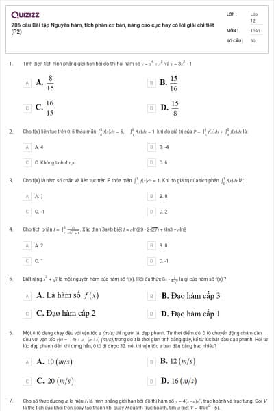 206 câu Bài tập Nguyên hàm, tích phân cơ bản, nâng cao cực hay có lời giải chi tiết (P2)