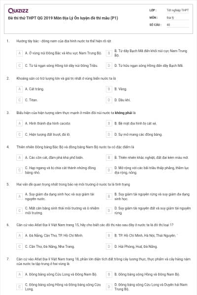 Đề thi thử THPT QG 2019  Môn Địa Lý  Ôn luyện đề thi mẫu (P1)